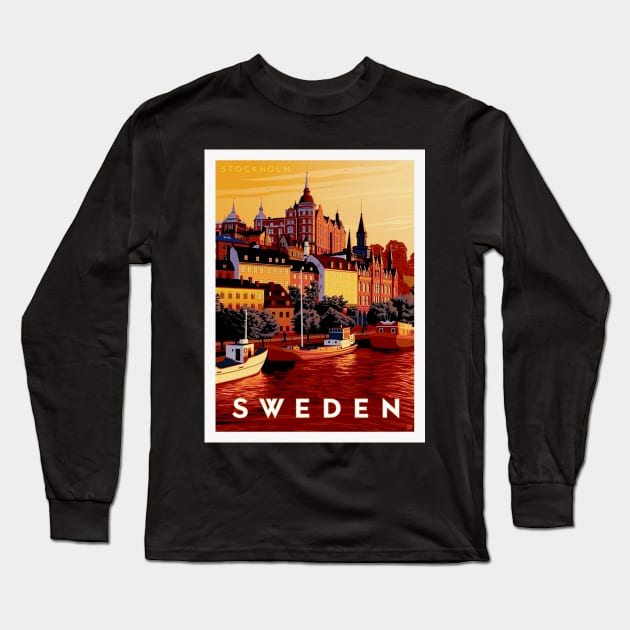 Sweden Waterfront Harbor Boats Docked Scene Print Long Sleeve T-Shirt by posterbobs